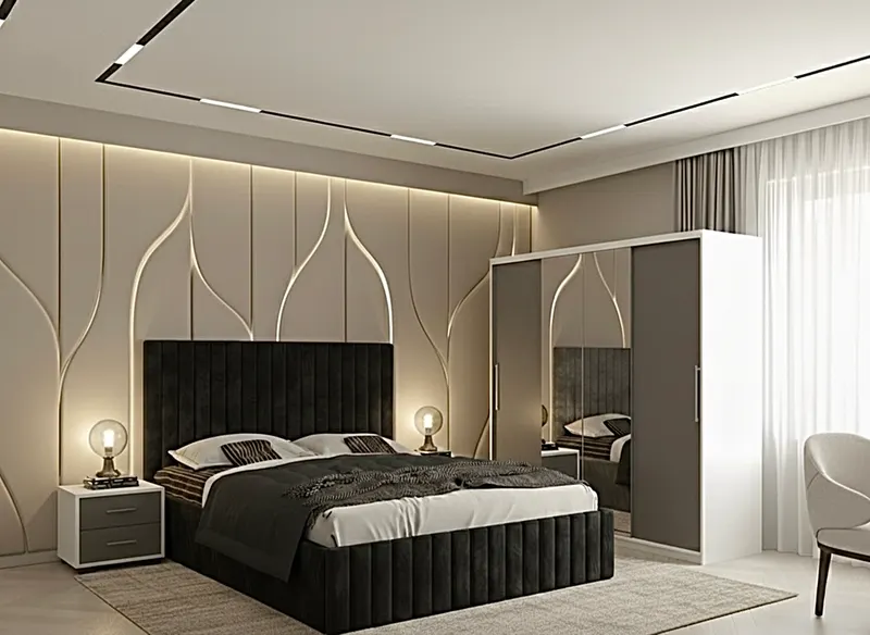 Set dormitor Cairo Negru cu Dulap Londra 200 Alb/Gri