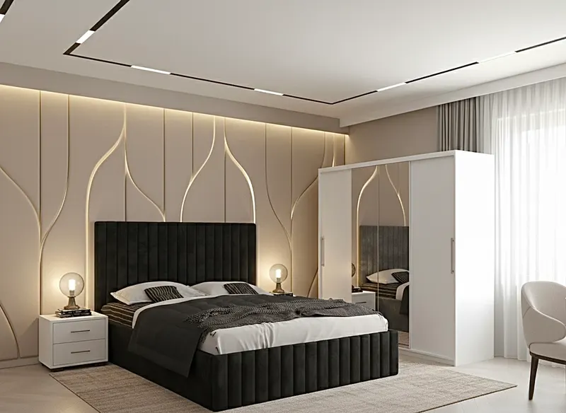 Set dormitor Cairo Negru cu Dulap Londra 200 Alb