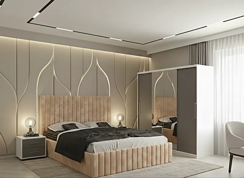 Set dormitor Cairo Bej cu Dulap Londra 200 Alb/Gri