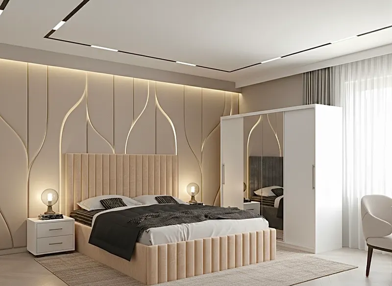 Set dormitor Cairo Bej cu Dulap Londra 200 Alb
