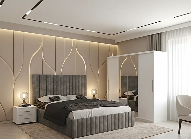 Set dormitor Cairo Gri cu Dulap Londra 200 Alb