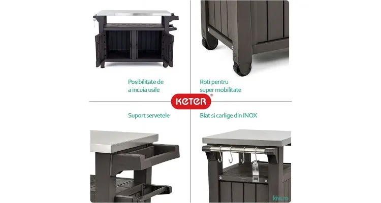 Masa cu spatiu depozitare si blat de lucru Inox pentru gratar Unity Xl Storage, Keter,Gri — imaginea 5