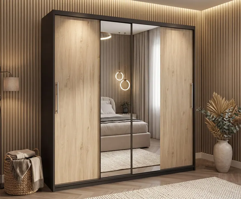 Dulap dressing Londra 2 usi cu oglinda, 200 cm, Gri/Sonoma