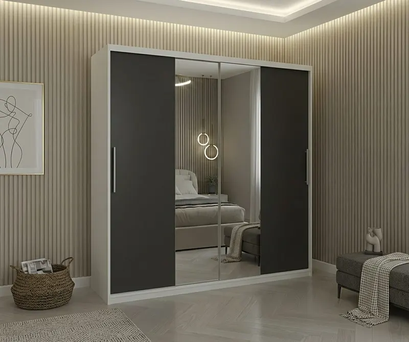 Dulap dressing Londra 2 usi cu oglinda, 200 cm, Alb/Gri