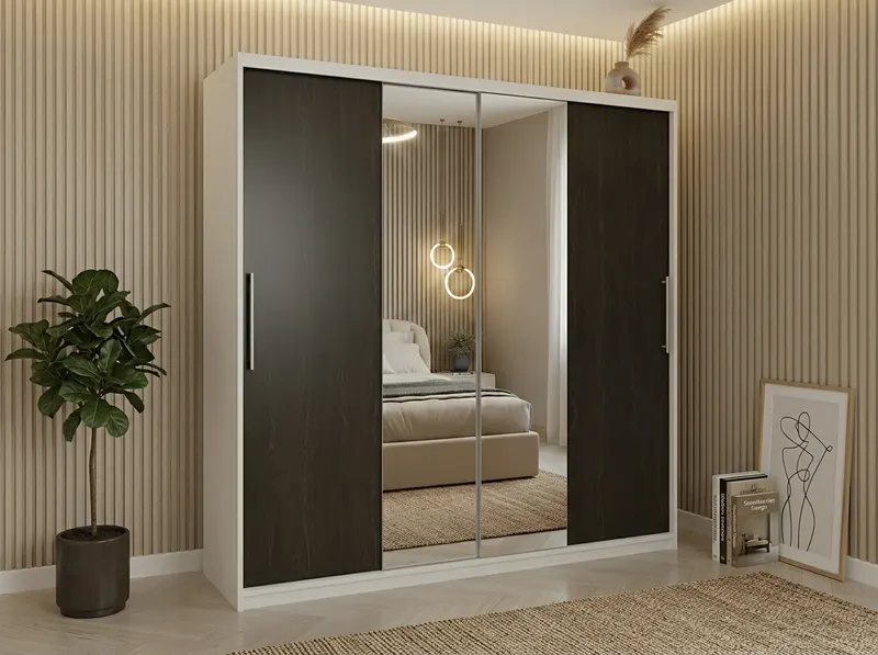 Dulap dressing Londra 2 usi cu oglinda, 200 cm, Alb/Wenge