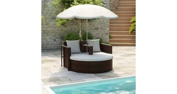 Mobilier gradina din poliratan cu parasolar, Maro — imaginea 2