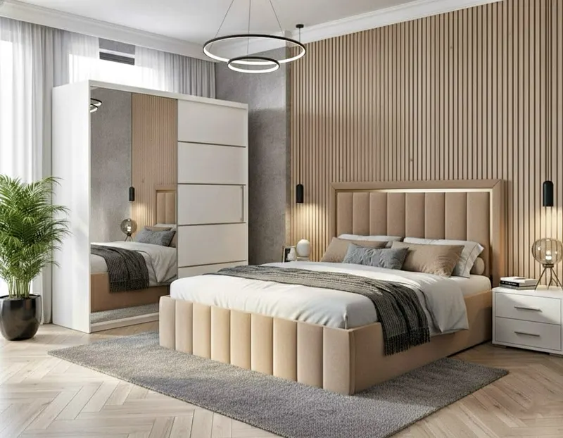 Set dormitor Atena Bej cu dulap alb