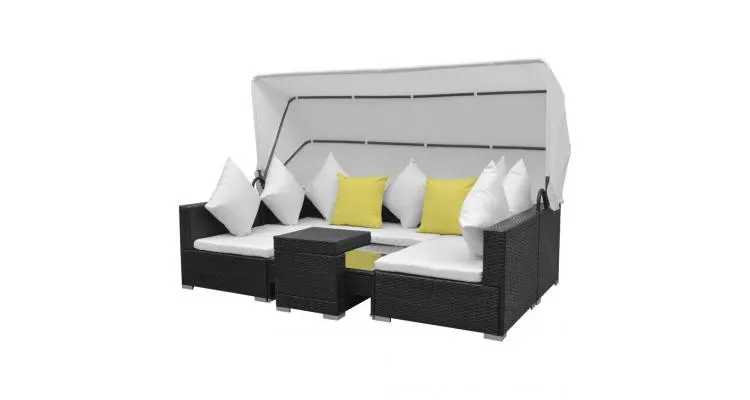 Set mobilier de grădină cu baldachin 23 piese, poliratan, negru — imaginea 2