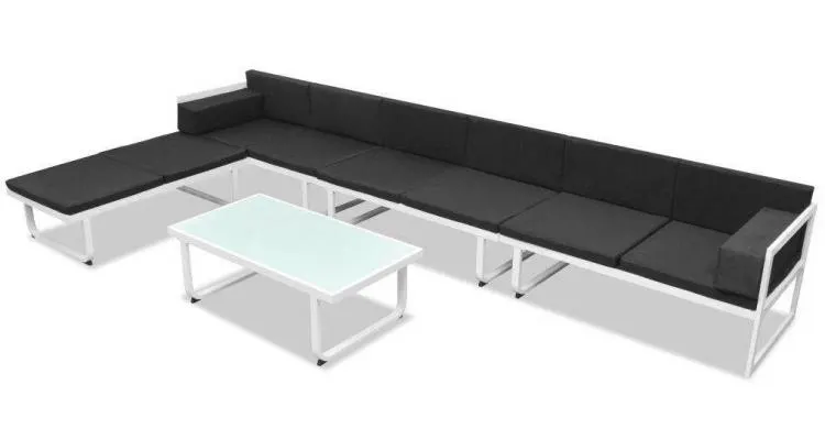 set mobilier grădină, 17 piese, textilenă, aluminiu, negru/alb — imaginea 2