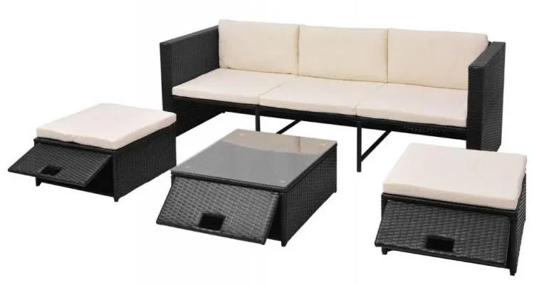 set mobilier de grădină, 12 piese, poliratan, negru — imaginea 3