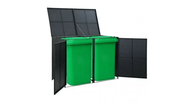 Magazie dubla pentru pubele, poliratan, negru, 148x80x111 cm