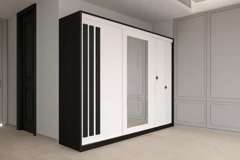 Dulap dressing Paris 3 usi cu oglinda, 200 cm, Lemn negru/Alb