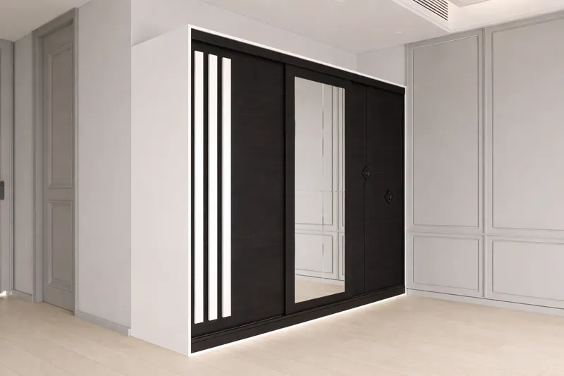 Dulap dressing Paris 3 usi cu oglinda, 200 cm, Alb/Lemn negru