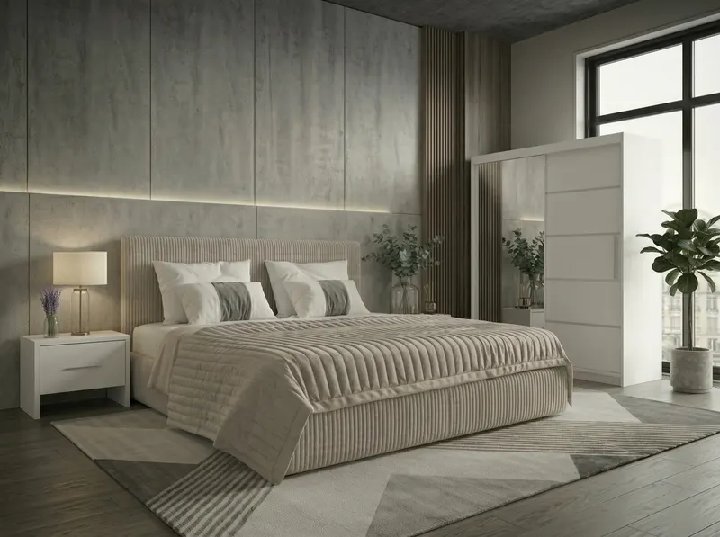 Set dormitor Malibu Bej cu dulap Atlantic 150 cm Alb