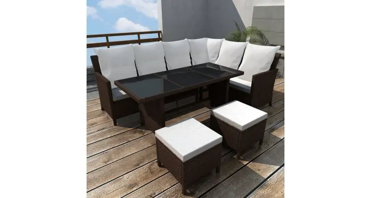 Set mobilier de gradina cu perne, 4 piese, maro, poliratan — imaginea 2
