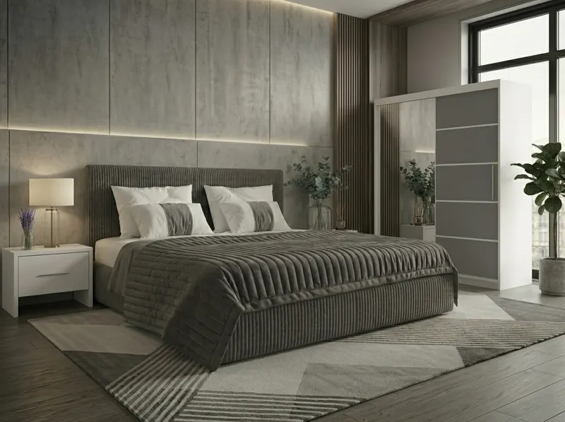 Set dormitor Malibu Gri cu dulap Atlantic 150 cm Alb/Gri