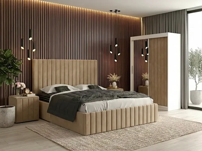 Set dormitor Cairo Bej cu dulap tapitat Cairo 150 cm Bej