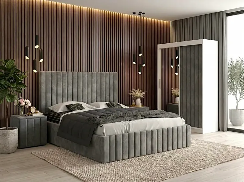 Set dormitor Cairo Gri cu dulap tapitat Cairo 150 cm Gri