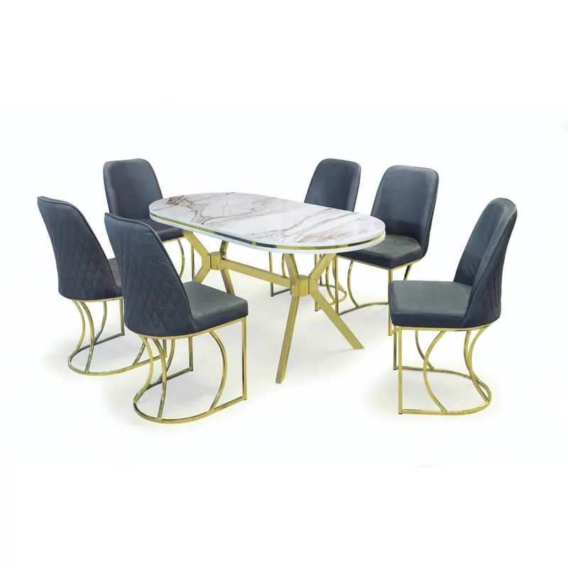 Set masa Timar cu 6 scaune, cadru auriu, marmura calcutta/gri