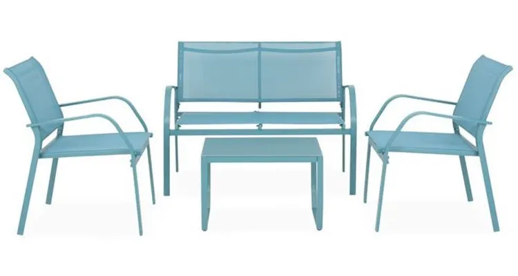 Set mobilier gradina metalic turcoaz 4 locuri pentru terasa, KAVALA cu 2 fotolii, canapea si masuta — imaginea 2