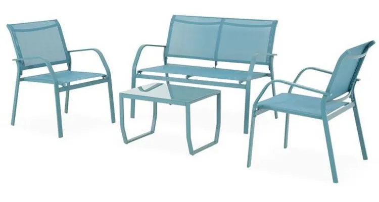 Set mobilier gradina metalic turcoaz 4 locuri pentru terasa, KAVALA cu 2 fotolii, canapea si masuta — imaginea 3
