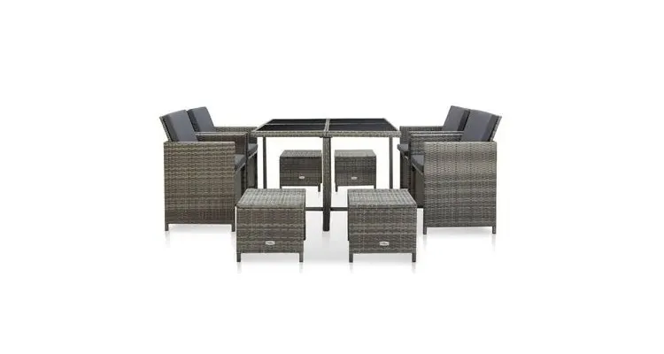 Set mobilier de exterior cu perne, 9 piese, gri, poliratan — imaginea 2
