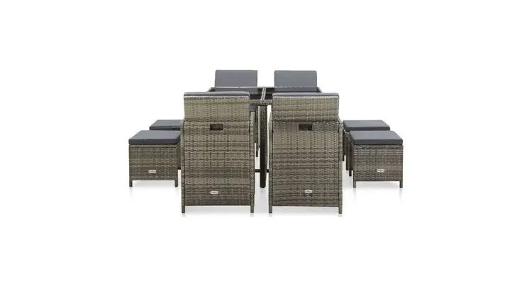 Set mobilier de exterior cu perne, 9 piese, gri, poliratan — imaginea 3