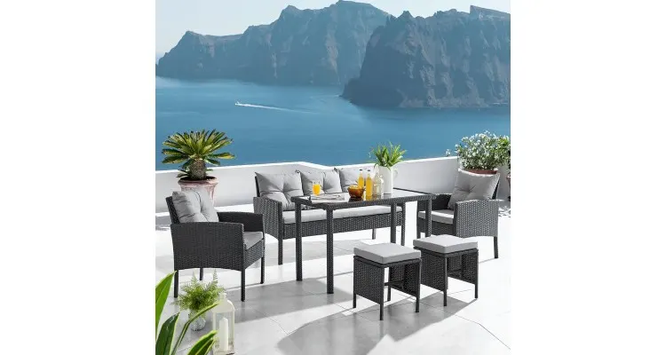 Set mobilier CLARY terasa/gradina, 2 fotolii, 2 taburete, canapea si masuta — imaginea 2