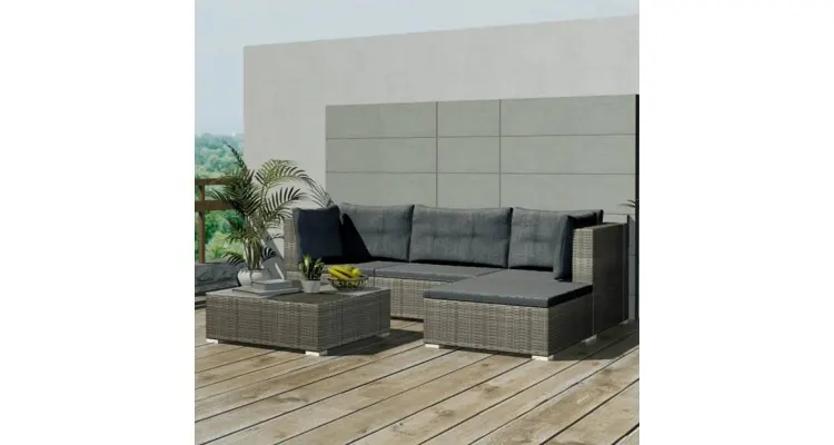 Set mobilier de gradina cu perne, 5 piese, gri, poliratan — imaginea 2
