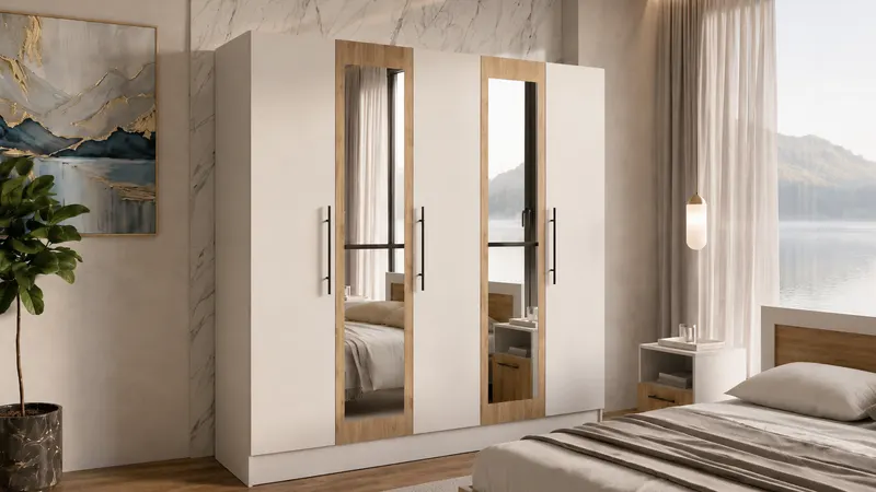Dulap 5 usi Barcelona 200 cm, Alb/Stejar Artisan