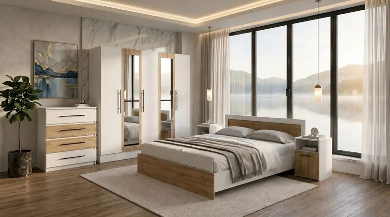 Set dormitor Barcelona, 6 piese, Alb/Stejar Artisan