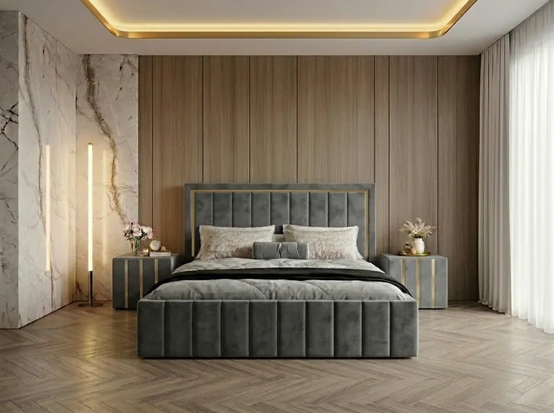 Pat tapitat Atena 140x200 cm, Gri + Saltea Superortopedica Gold, grosime 20 cm + Set 2 noptiere Hugo, Gri