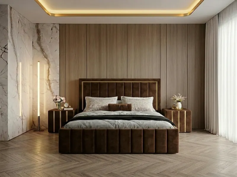 Pat tapitat Atena 140x200 cm, Maro + Saltea Superortopedica Gold, grosime 20 cm + Set 2 noptiere Hugo, Maro