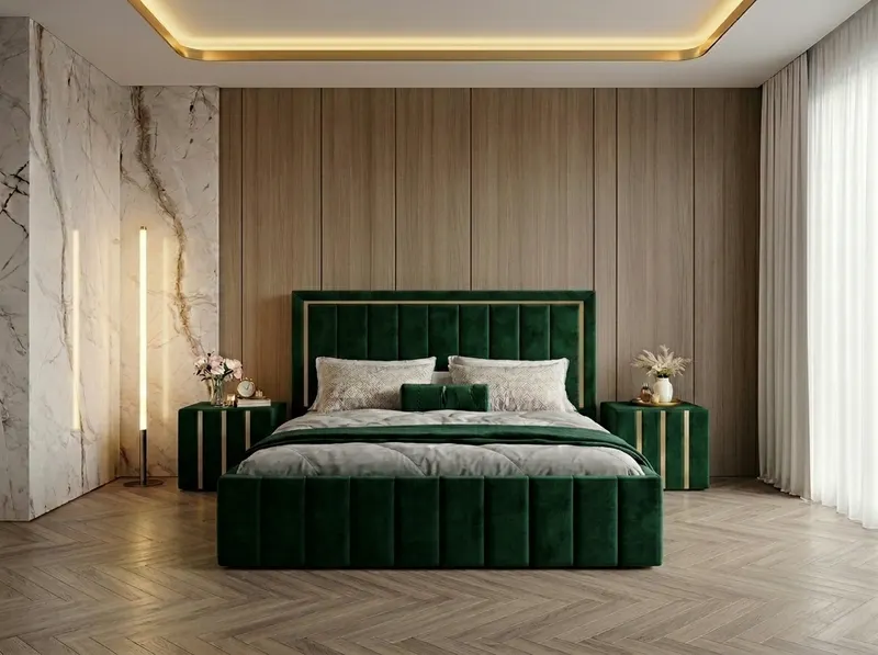 Pat tapitat Atena 160x200 cm, Verde + Saltea Superortopedica Gold, grosime 20 cm + Set 2 noptiere Hugo, Verde