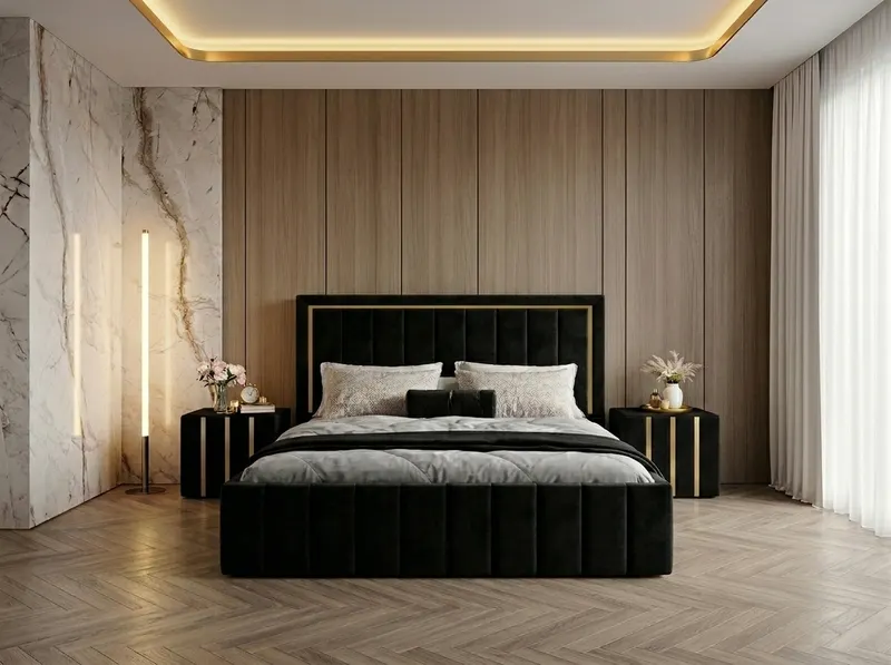 Pat tapitat Atena 160x200 cm, Negru + Saltea Superortopedica Gold, grosime 20 cm + Set 2 noptiere Hugo, Negru