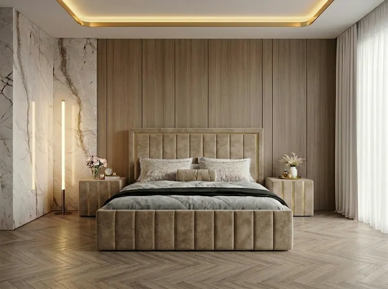 Pat tapitat Atena 160x200 cm, Bej + Saltea Superortopedica Gold, grosime 20 cm + Set 2 noptiere Hugo, Bej