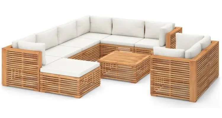 Set mobilier gradina cu perne crem, 10 piese, lemn masiv de tec — imaginea 2