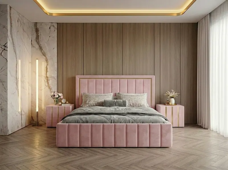 Pat tapitat Atena 180x200 cm, Roz+ Saltea Superortopedica Gold, grosime 20 cm + Set 2 noptiere Hugo, Roz