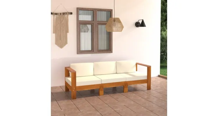 Canapea de gradina cu perne alb crem, 3 locuri, lemn acacia — imaginea 2
