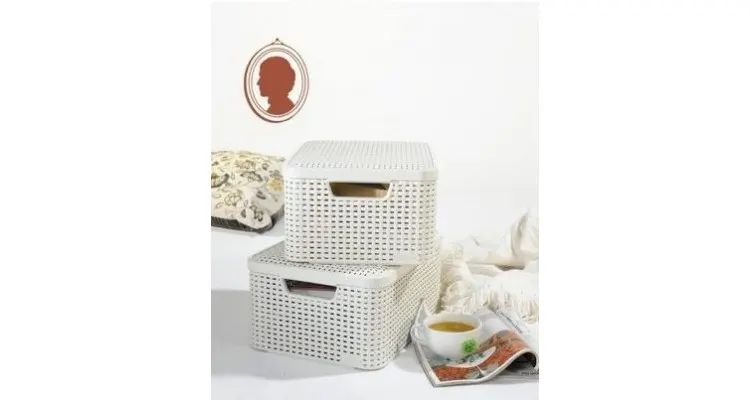 Cutie depozitare cu manere 18L (M) rattan alb cu capac — imaginea 2