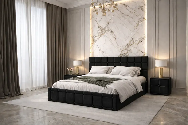 Pat tapitat Royal 180x200 cm, Negru + Saltea Superortopedica Gold, grosime 20 cm + Set 2 noptiere Royal, Negru