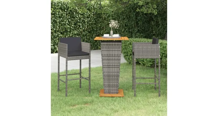 Set mobilier bar de gradina, cu perne, 3 piese, gri, poliratan — imaginea 2