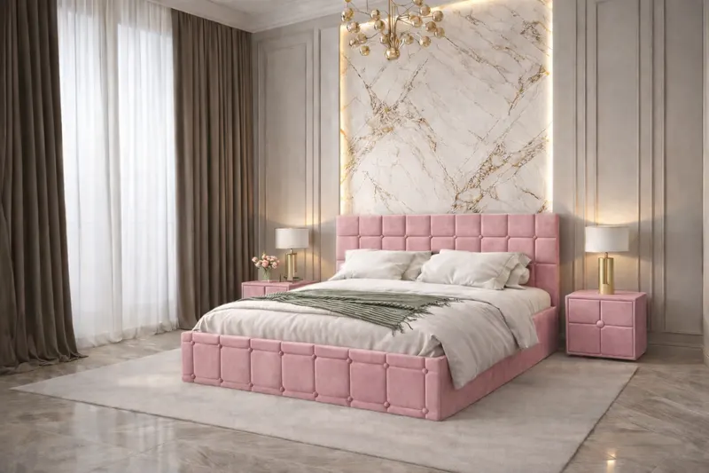 Pat tapitat Royal 160x200 cm, Roz + Saltea Superortopedica Gold, grosime 20 cm + Set 2 noptiere Royal, Roz