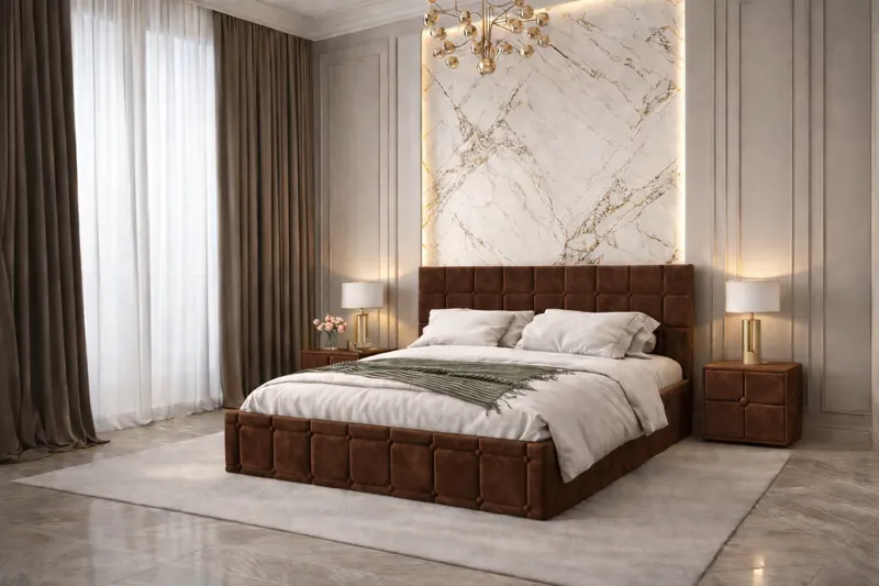 Pat tapitat Royal 160x200 cm, Maro + Saltea Superortopedica Gold, grosime 20 cm + Set 2 noptiere Royal, Maro