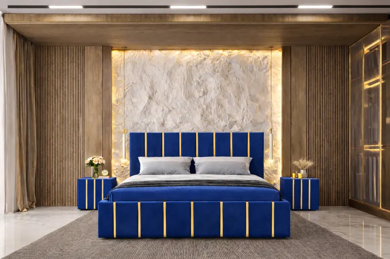 Pat tapitat Hugo 180x200 cm, Albastru + Saltea Superortopedica Gold, grosime 20 cm + Set 2 noptiere Hugo, Albastru