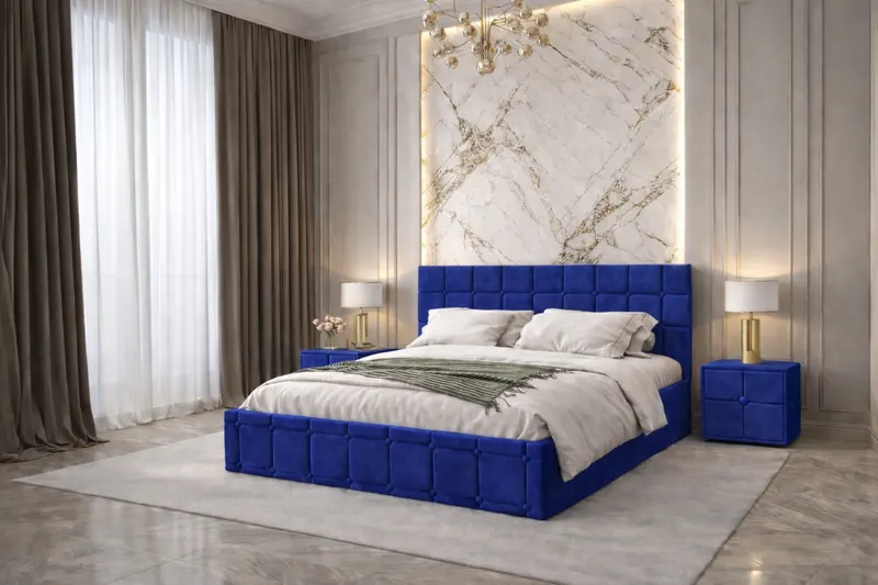 Pat tapitat Royal 140x200 cm, Albastru + Saltea Superortopedica Gold, grosime 20 cm + Set 2 noptiere Royal, Albastru