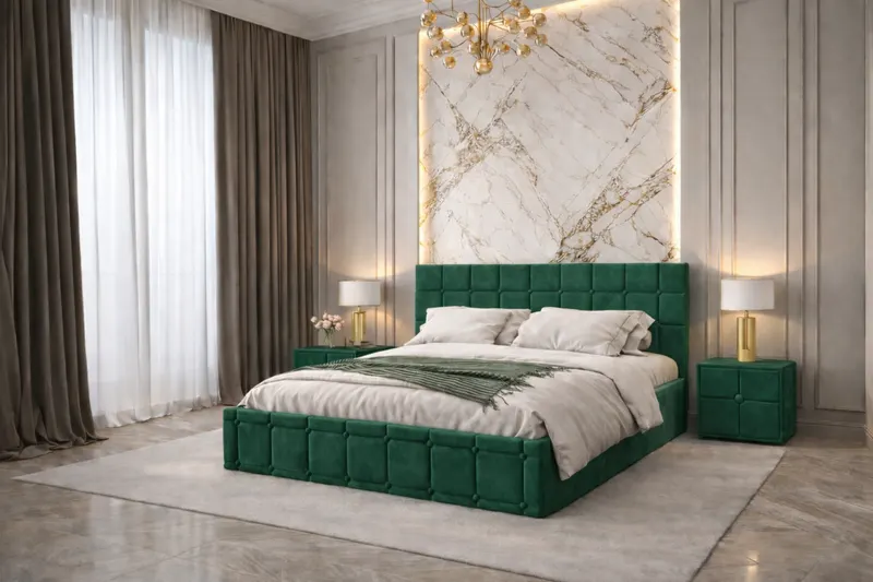 Pat tapitat Royal 140x200 cm, Verde + Saltea Superortopedica Gold, grosime 20 cm + Set 2 noptiere Royal, Verde