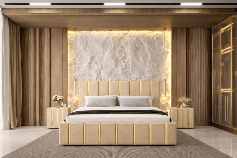 Pat tapitat Hugo 160x200 cm, Bej + Saltea Superortopedica Gold, grosime 20 cm + Set 2 noptiere Hugo, Bej