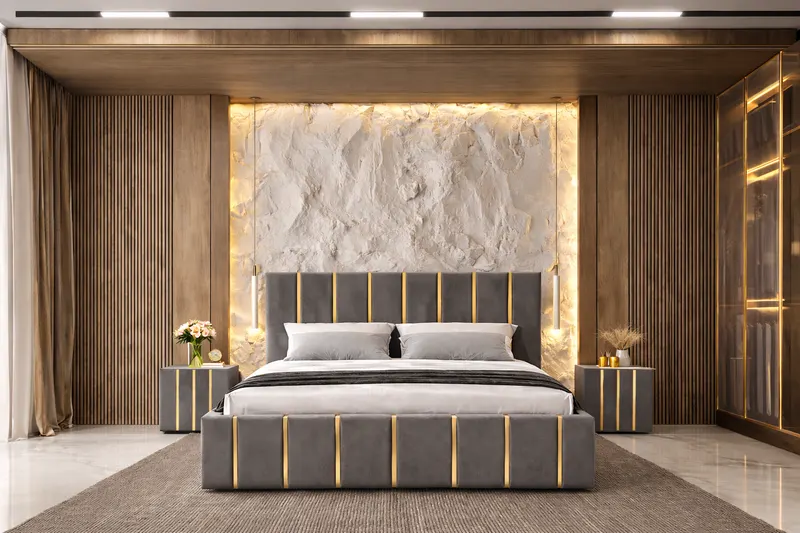Pat tapitat Hugo 160x200 cm, Gri+ Saltea Superortopedica Gold, grosime 20 cm + Set 2 noptiere Hugo, Gri