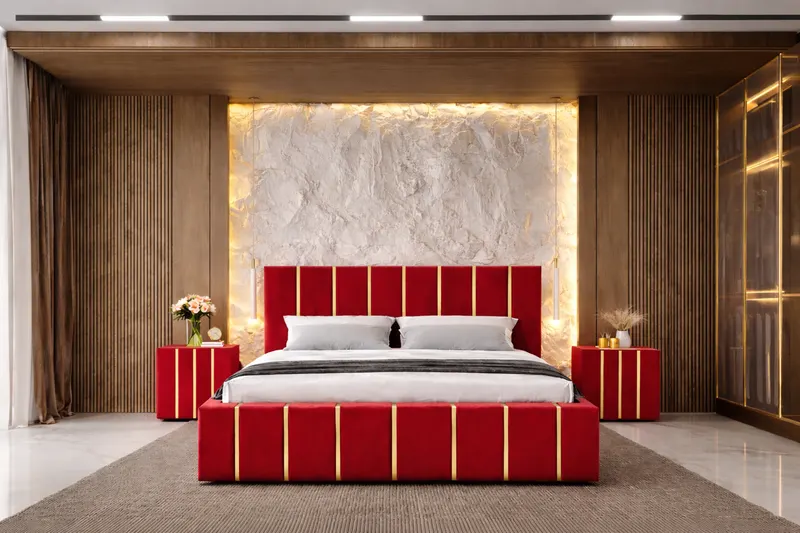 Pat tapitat Hugo 160x200 cm, Rosu+ Saltea Superortopedica Gold, grosime 20 cm + Set 2 noptiere Hugo, Rosu
